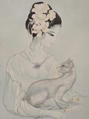 painting of a woman holding a cat with flowers in her hair