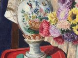 a painting of a vase with flowers on a tray