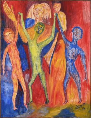un tableau représentant un groupe de personnes debout, les unes près des autres