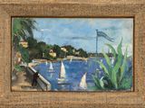 a painting of sailboats on the water near a bridge