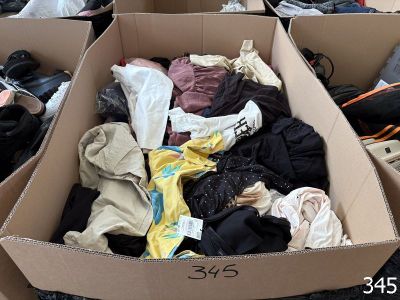 a cardboard box full of clothes and shoes on the floor