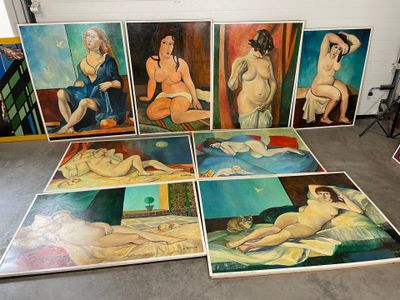 six tableaux représentant des femmes assises par terre les unes à côté des autres