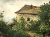 painting of a house in a wooded area with trees in the foreground