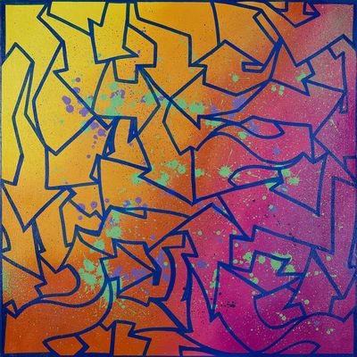 peinture abstraite représentant des formes orange, bleues et vertes sur un fond rouge