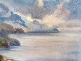 a painting of a boat in the water on the shore
