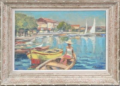un tableau représentant un homme assis sur un bateau à l'eau