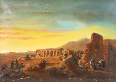 peinture représentant une scène désertique avec des personnages et des animaux au premier plan