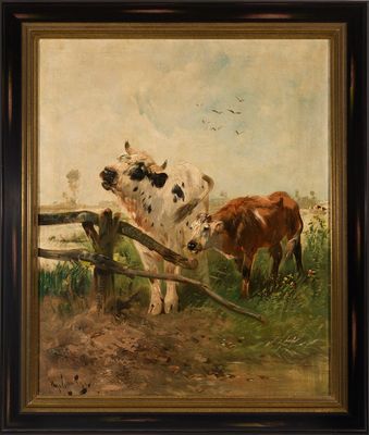an oil painting of two cows in a field by a fence