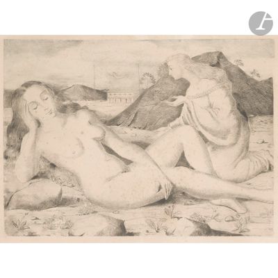 drawing of two nudes on the beach, one laying down