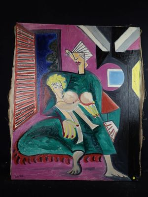 a painting of a woman sitting in a chair