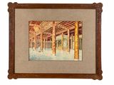 an image of a painting of a building with columns in it
