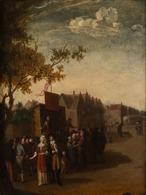 painting of a group of people gathered around a horse drawn carriage