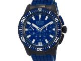 un gros plan d'une montre bleue sur fond blanc