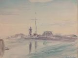tableau représentant un bateau sur un plan d'eau, avec un phare en arrière-plan