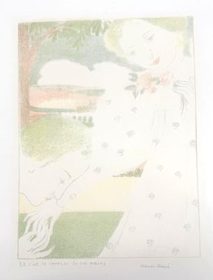 a drawing of a woman in a white dress holding a bird
