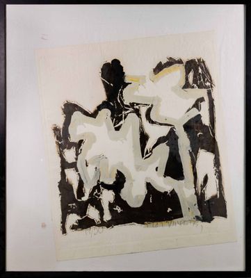 a black and white painting of a man riding a horse