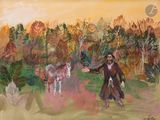 tableau représentant un homme avec un cheval et une vache dans un champ