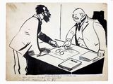 drawing of two men shaking hands over a table with papers on it