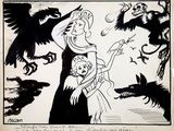 drawing of a cartoon of a woman and a man surrounded by birds