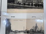 several old black and white photos of people standing in front of a building