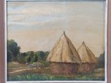 a picture of a painting of two straw huts in a field
