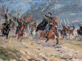 a painting of a group of men riding horses in a field