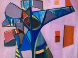 abstract painting of a blue and red vase with a building in the background