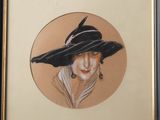 painting of a woman in a black hat with a feather on her head
