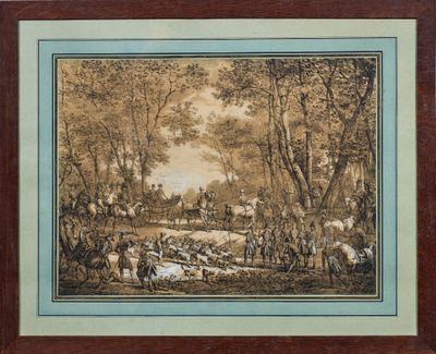 tableau représentant une scène boisée avec un groupe de personnes et d'animaux