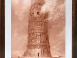 an old picture of a tall tower with a clock on top of it