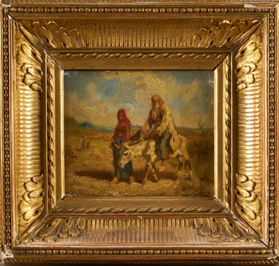 a painting of a man and a woman in a desert landscape