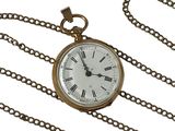 a gold pocket watch on a chain with roman numerals