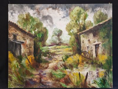 a painting of an old farm with a stream running through it