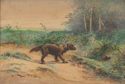 a painting of a dog that is walking on a path
