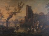 painting of a river scene with figures and a castle in the background