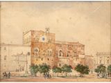 an image of a painting of a building with a clock on the front of it