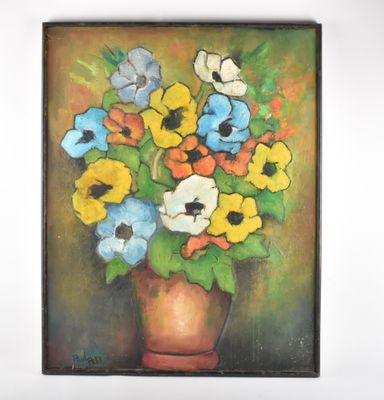 une peinture à l'huile représentant un vase de fleurs sur une table