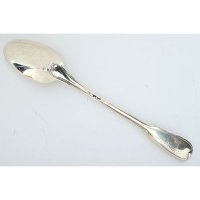 a silver spoon with a spoon handle on a white surface