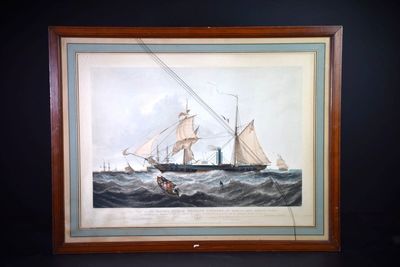 tableau représentant un voilier en pleine mer, avec un homme sur un bateau à l'arrière-plan