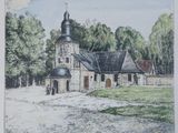 drawing of a church in a field with trees in the background