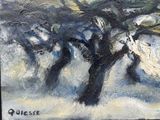 an oil painting of a group of horses running in the snow