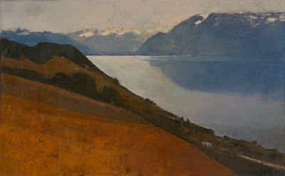 tableau représentant une vue sur une vaste étendue d'eau avec des montagnes en arrière-plan