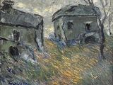 an oil painting of two old farm buildings in a field