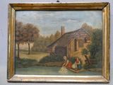 a painting on the wall of a house with a woman in a boat