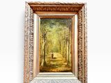 une peinture à l'huile représentant une scène forestière avec un cerf au premier plan