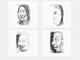 quatre dessins différents représentant des personnes aux visages variés