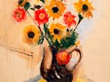 une peinture de fleurs dans un vase sur une table