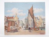 un tableau représentant un homme debout sur un quai, à côté d'un voilier