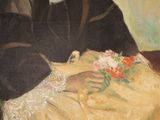 painting of a woman in a yellow dress holding a bouquet of flowers