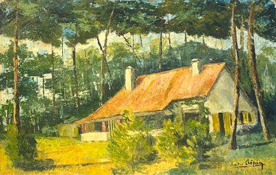 une peinture à l'huile représentant une maison dans les bois, avec des arbres en arrière-plan